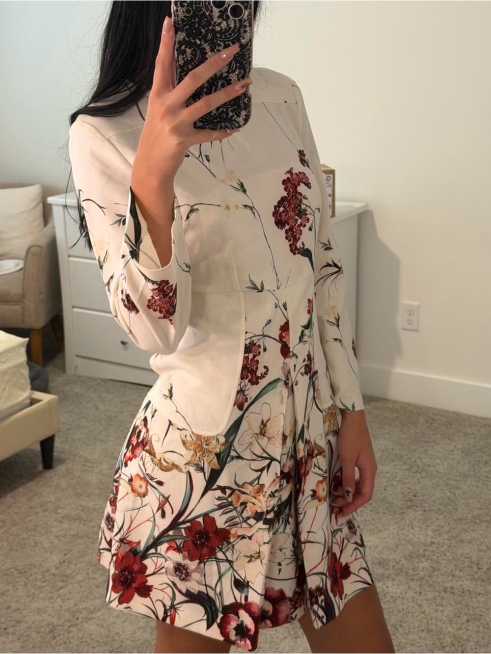 Zara womenFloral Long-Sleeve Fit-and-Flare Dress in Ivory with Red Floral Print